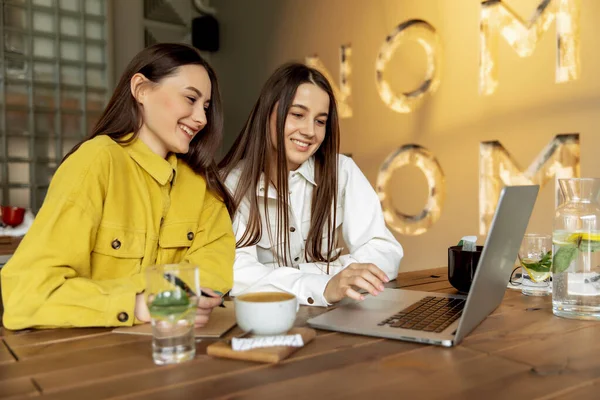 Gruppo Due Donne Sorridenti Con Capelli Castani Negli Occhiali Che Foto Stock