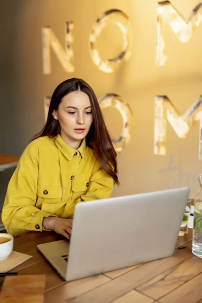 Aantrekkelijk Bruinharig Meisje Heldere Kleding Die Werkt Een Persoonlijke Laptop Stockfoto