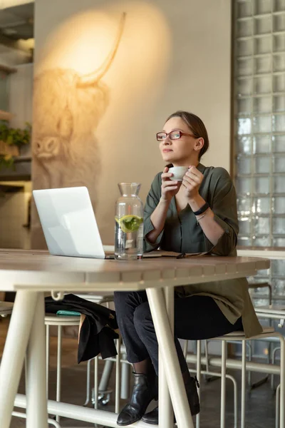 Woman Stylish Glasses Black Jacket Drinking Coffee Restaurant Writing Text — Stock Photo, Image