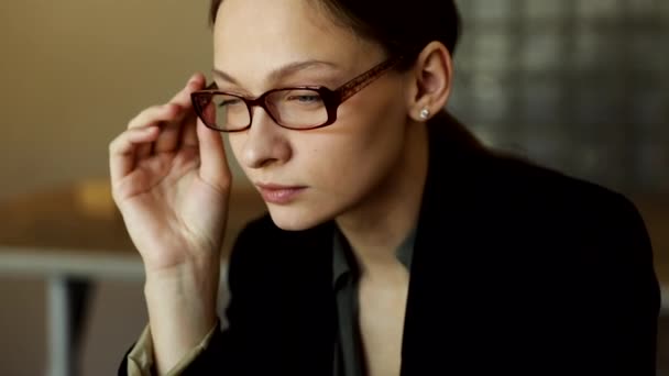 Lovely Smiling Business Woman Stylish Glasses Sitting Cafe Table Indoors — Stock Video