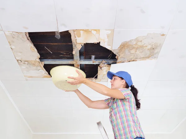 Young Woman Collecting Water In basin From Ceiling. Ceiling pane