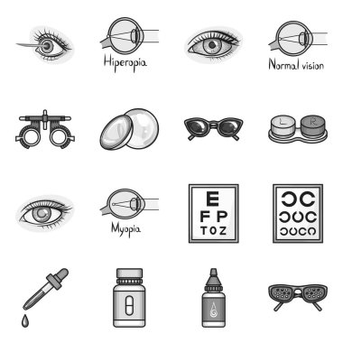 Görüş ve düzeltme simgesinin vektör illüstrasyonu. Stok için görüş ve optometri vektör simgesi kümesi.