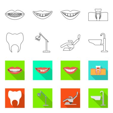 Diş hekimliği ve bakım logosunun vektör tasarımı. Stok için dişçilik ve diş vektörü simgesi kümesi.