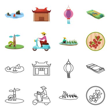 Vietnam vektör tasarımı ve geleneksel logo. Vietnam ve kültür stok vektör illüstrasyon seti.
