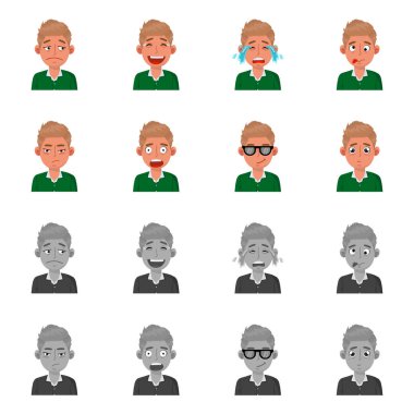 Yüz ve erkek logosunun vektör çizimi. Ağ için yüz ve ifade sembolü koleksiyonu.