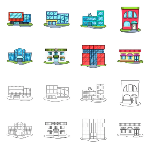 Diseño vectorial de supermercado y letrero de edificio. Conjunto de supermercado y símbolo de stock local para web . — Vector de stock