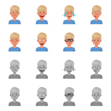 Yüzün izole nesnesi ve erkek işareti. Hisse senedi için yüz ve genç vektör simgesi kümesi.