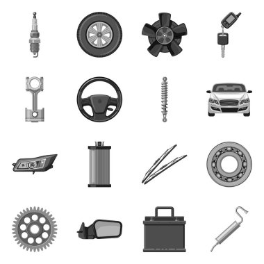 Otomatik ve bölümü logosu yalıtılmış nesne. Hisse senedi için oto, araba vektör simge topluluğu.