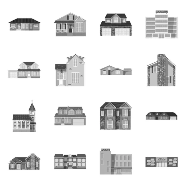 Illustrazione vettoriale dell'edificio e del simbolo anteriore. Set di icone vettoriali dell'edificio e del tetto per magazzino . — Vettoriale Stock