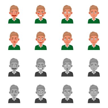 Yüz ve erkek logosunun vektör çizimi. Stok için yüz ve ifade vektör simgesi koleksiyonu.