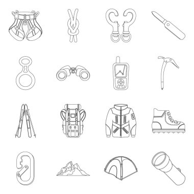 Dağcılık ve en yüksek işareti çizimi vektör. Dağcılık ve kamp set vektör simge stok için.