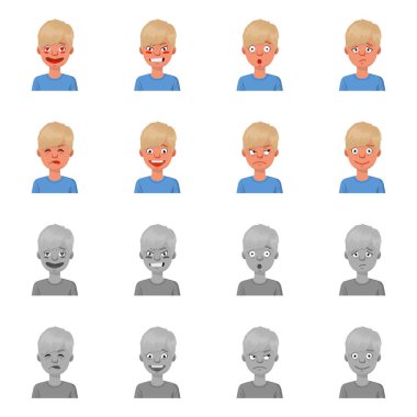 Yüzün izole nesnesi ve erkek işareti. Hisse senedi için yüz ve genç vektör simgesi kümesi.