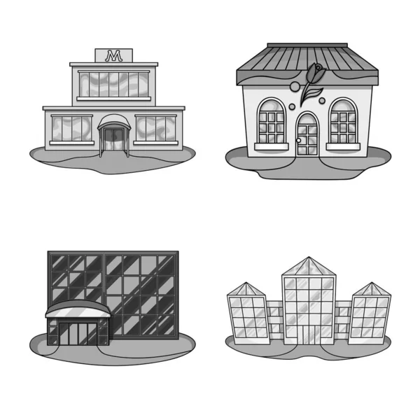 Illustrazione vettoriale del supermercato e dell'insegna edilizia. Raccolta dell'icona del supermercato e del vettore commerciale per le scorte . — Vettoriale Stock