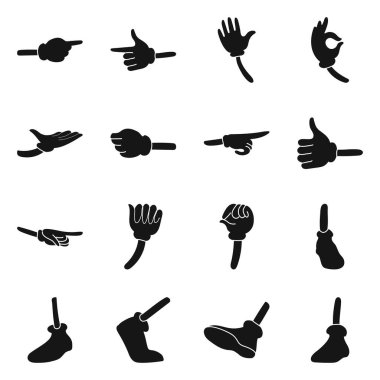 Komik jest el vektörü simgesi seti. Vektör, eldivende izole edilmiş illüstrasyon bilek hareketi. Ayak ve el komedyeninin simgesi..