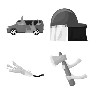 İtfaiyecilerin ve ateş işaretlerinin vektör tasarımı. Stok için itfaiyeciler ve araç vektör simgesi kümesi.