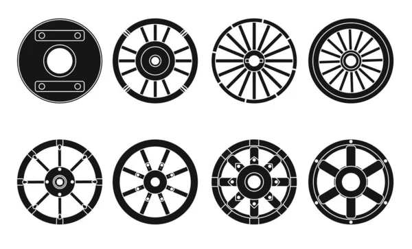 Деревянный вектор колеса черный набор икон.Векторная иллюстрация тележки колеса. Изолированная черная иконка колесо для повозки на белом фоне  . — стоковый вектор
