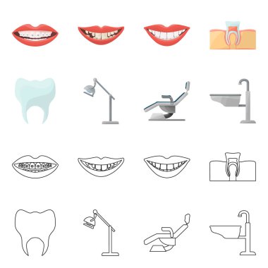 Diş hekimliği ve bakım sembolünün vektör çizimi. Diş hekimliği ve dişsel stok vektörü illüstrasyonu koleksiyonu.