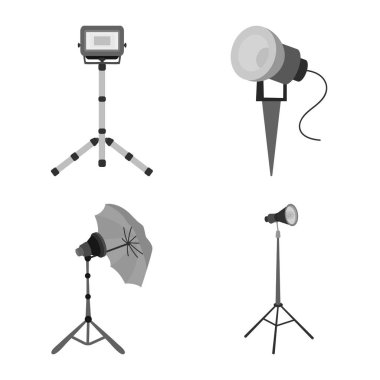 Işık ve tiyatro ikonunun izole edilmiş nesnesi. Ağ için ışık ve stüdyo sembolü koleksiyonu.