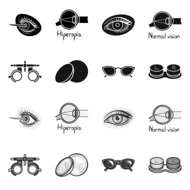 Optometri ve tıp sembolünün vektör tasarımı. Optometri seti ve tanısal stok vektörü çizimi.