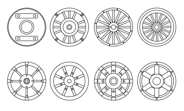 Деревянный набор векторных колес икон.Векторная иллюстрационная тележка колеса. Изолированная линия иконка колеса для вагона на белом фоне  . — стоковый вектор