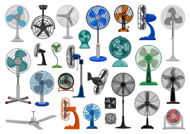 Elektrik fan karikatür vektör seti simgesi. Beyaz arkaplanda Vektör illüstrasyon hava pervanesi. İzole edilmiş karikatür set elektrik ve havalandırma vantilatörü.