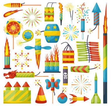 Noel havai fişek karikatürü vektör seti simgesi. Vektör illüstrasyonu havai fişeği kutluyor. İzole edilmiş çizgi film vektörü beyaz arka planda Noel havai fişeği ikonu. .