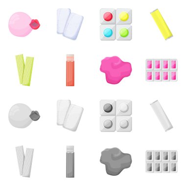 Sakız ve ürün tabelasının izole edilmiş nesnesi. Ciklet koleksiyonu ve dişsel stok vektör illüstrasyonu.