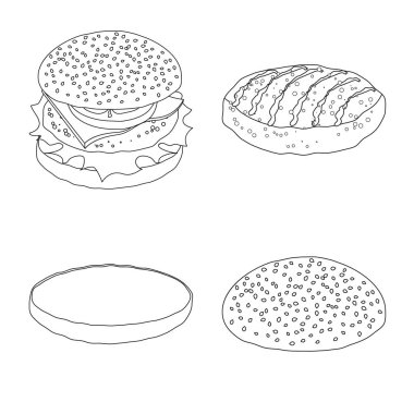 Burger ve sandviç işareti yalıtılmış nesne. Burger ve dilim hisse senedi vektör çizim topluluğu.
