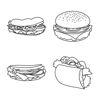 Fast food ve öğle tabelasının izole edilmiş nesnesi. Stok için fast food ve abur cubur vektör simgesi seti.