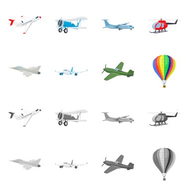 İllüstrasyon işareti uçak ve ulaşım vektör. Uçak ve gökyüzü hisse senedi vektör çizim seti.