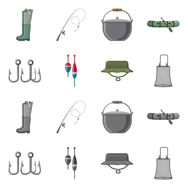 Ilustração vetorial de peixe e ícone de pesca. Coleta de peixes e equipamentos símbolo de estoque para web . — Vetor de Stock