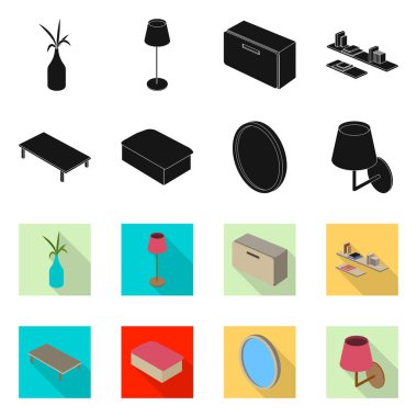 Bir yatak odası ve oda işaret tasarım vektör. Hisse senedi için yatak ve mobilya vektör simge kümesi.