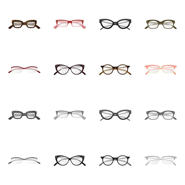 การออกแบบเวกเตอร์ของแว่นตาและเครื่องหมายกรอบ คอลเลกชันของแว่นตาและสัญลักษณ์หุ้นอุปกรณ์เสริมสําหรับเว็บ . — ภาพเวกเตอร์สต็อก