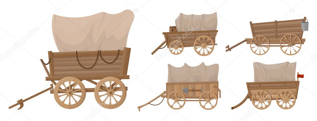 Wild west wagon vector cartoon set icon.Vector illustration set western of old carriage on white background .Isolated cartoon icon wild west wagon.