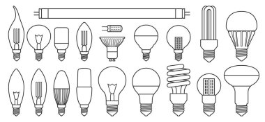 Halojen ampul çizgisi vektör kümesi simgesi. Işık lambasının izole çizgi simgesi. İzole edilmiş elektrik ve floresan ampul..