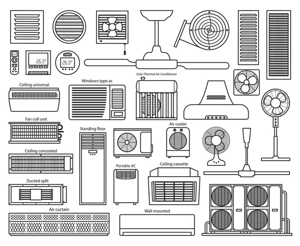 Vetor de linha de ventilador de ar conjunto vetor icon.Vector ícone de ilustração de equipamento de ventilador. Conjunto de linha isolado de sistema de ventilador de ar . — Vetor de Stock