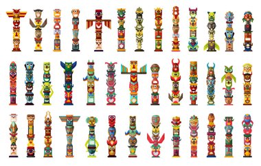 Totem vektör karikatür kümesi simgesi. Vektör illüstrasyon kabile maskesi. Beyaz arkaplanda izole edilmiş çizgi film simgesi geleneksel totemi .