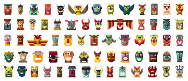 Yerli totem vektör karikatür kümesi simgesi. Beyaz arka planda Vektör illüstrasyon hayvan maskesi. İzole edilmiş ikon yerel totemi..