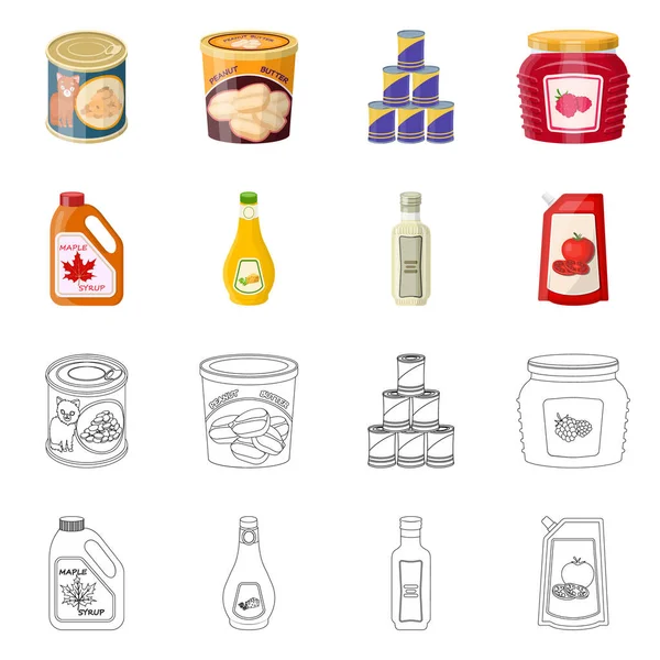 Geïsoleerde object van kan en voedsel symbool. Set kan en pakket voorraad vectorillustratie. — Stockvector