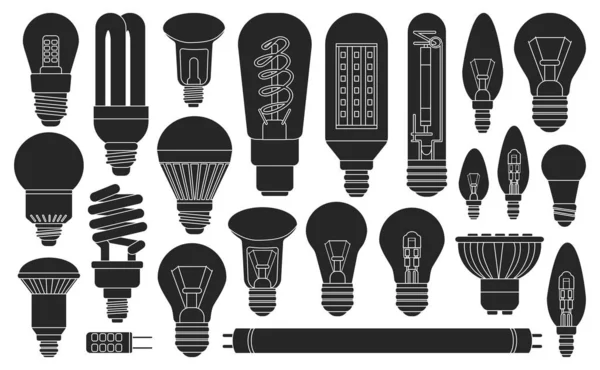 Glühbirne schwarzer Vektor Illustration auf weißem Hintergrund. elektrische und Energiesparlampe schwarzer Vektor set.isolated Vektor Symbol Glühbirne. — Stockvektor