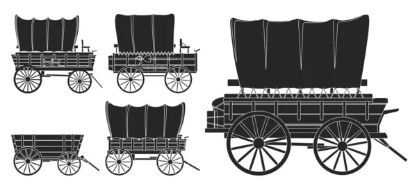 Conjunto de ilustración vectorial occidental de carro viejo sobre fondo blanco. Vector negro conjunto icono salvaje carro oeste . — Vector de stock