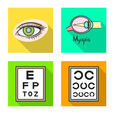 Optometri ve ilaç logosunun vektör tasarımı. Stok için optometri ve tanısal vektör simgesi koleksiyonu.