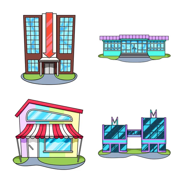 Diseño vectorial de supermercado y logotipo del edificio. Colección de ilustración vectorial de supermercados y ciudades . — Vector de stock
