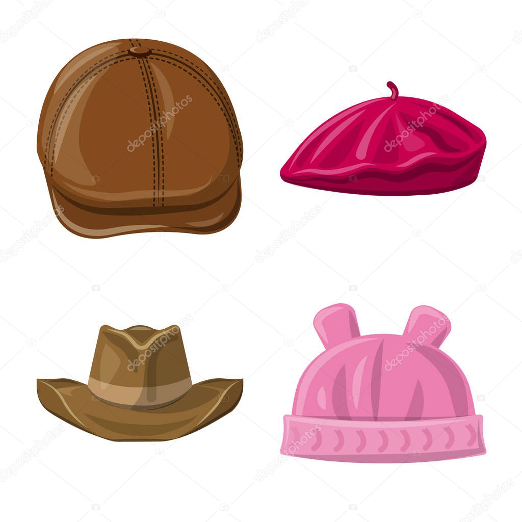 Vector illustration of headgear and cap icon. Collection of headgear and accessory vector icon for stock.