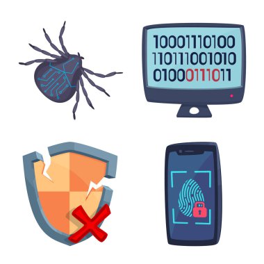 Virüs ve güvenli oturum yalıtılmış nesne. Virüs ve siber hisse senedi vektör çizim seti.