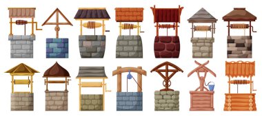 Water well vector cartoon set icon.Vector illustration wooden and stones wellspring on white background . Isolated cartoon set icon water well. clipart