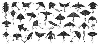 Beyaz arkaplanda uçan uçurtma vektör çizimi. Festival uçurtmaları siyah set simgesini izole eder. İzole edilmiş siyah set uçurtma uçurtma simgesi.