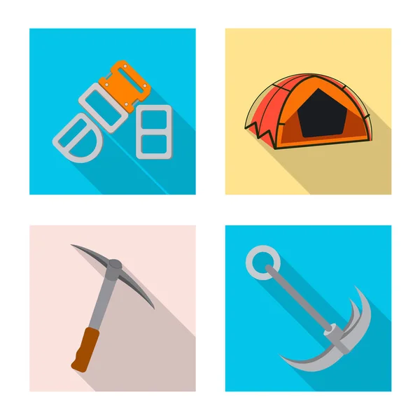 Objek yang terisolasi dari pendakian gunung dan puncak logo. Set dari mountaineering dan camp vector ikon untuk stock . - Stok Vektor