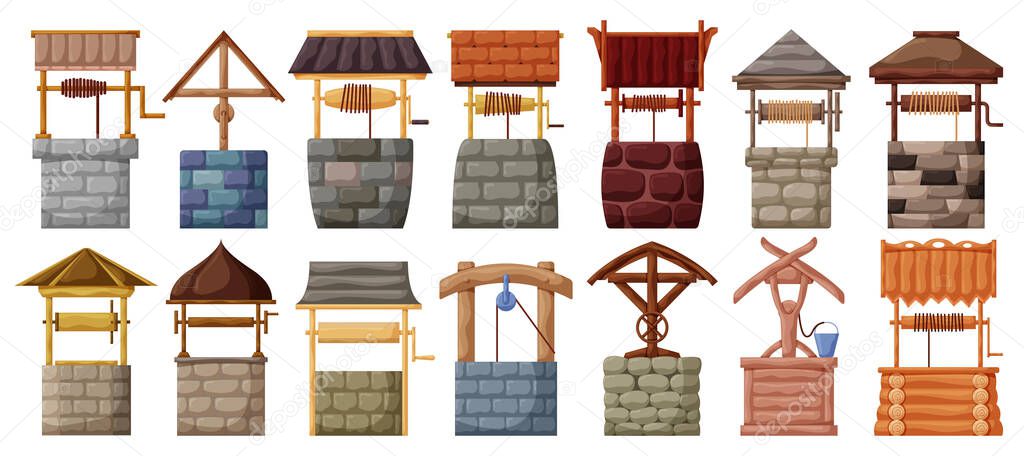 Water well vector cartoon set icon.Vector illustration wooden and stones wellspring on white background . Isolated cartoon set icon water well.