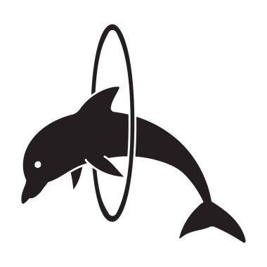 Halka vektör simgesine sahip mavi yunus. Siyah vektör simgesi beyaz arka plan mavi yunusu üzerinde izole edilmiş. .